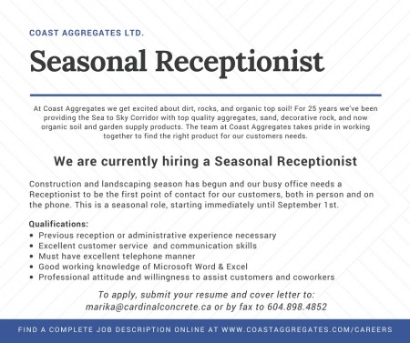 Coast Aggregates Squamish Seasonal Receptionist - Now Hiring
